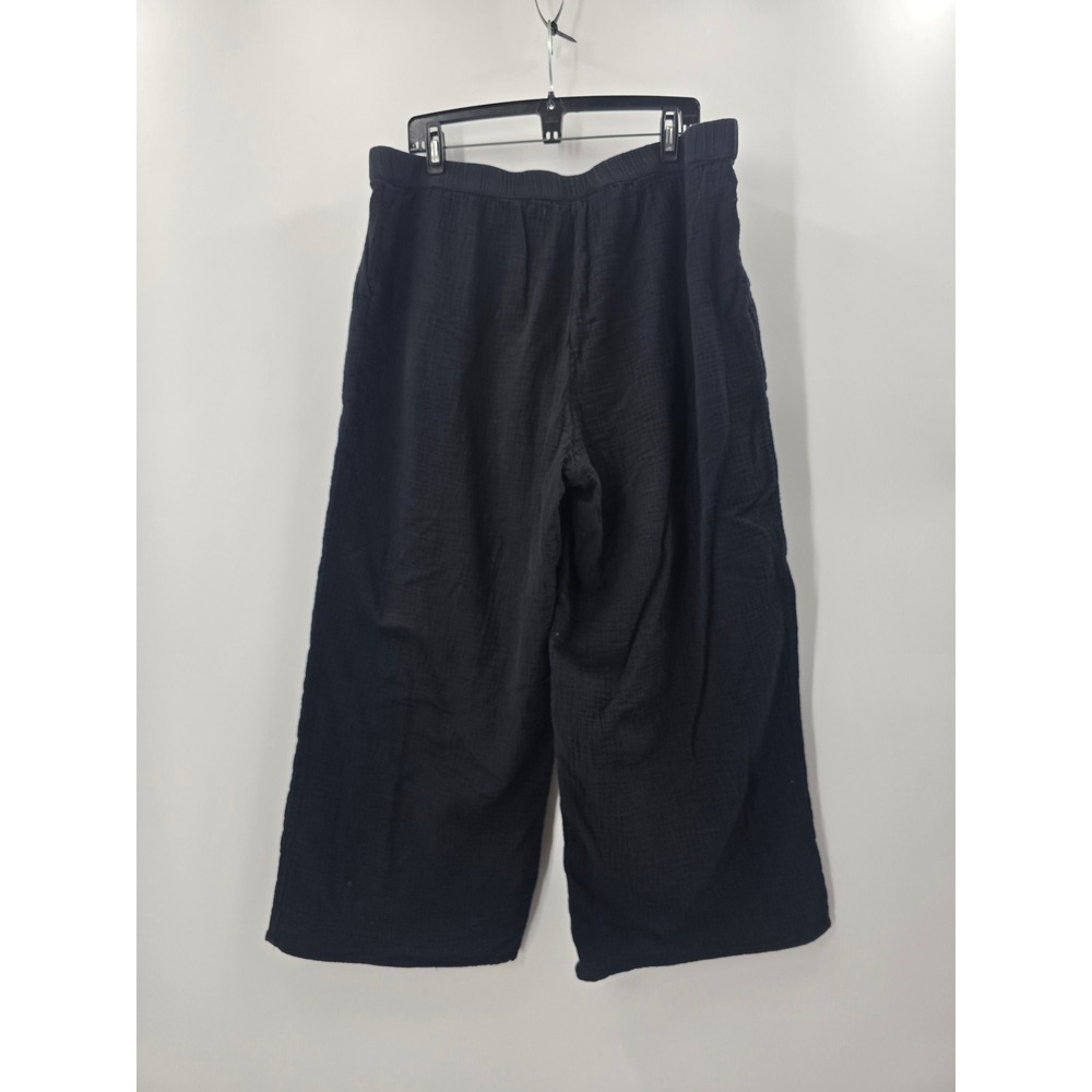 Black Double Gauze Pants Womens 2XL Cotton Wide Leg Elastic Waist Pockets